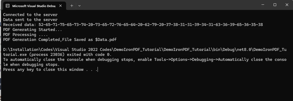 Socket io .NET（为开发者提供的工作原理）：图8 - 使用Socket.IO和IronPDF的控制台输出