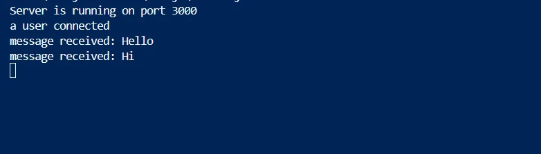 Socket io node.js (How It Works For Developers): Figure 2 - Console output displaying that the Server is running on port 3000, a user connected and the message received is Hello Hi.