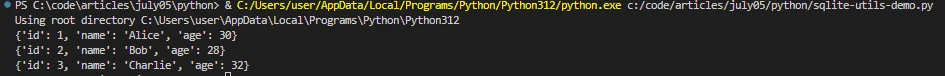 sqlite utils Python（开发者如何使用）：图2 - 示例控制台输出