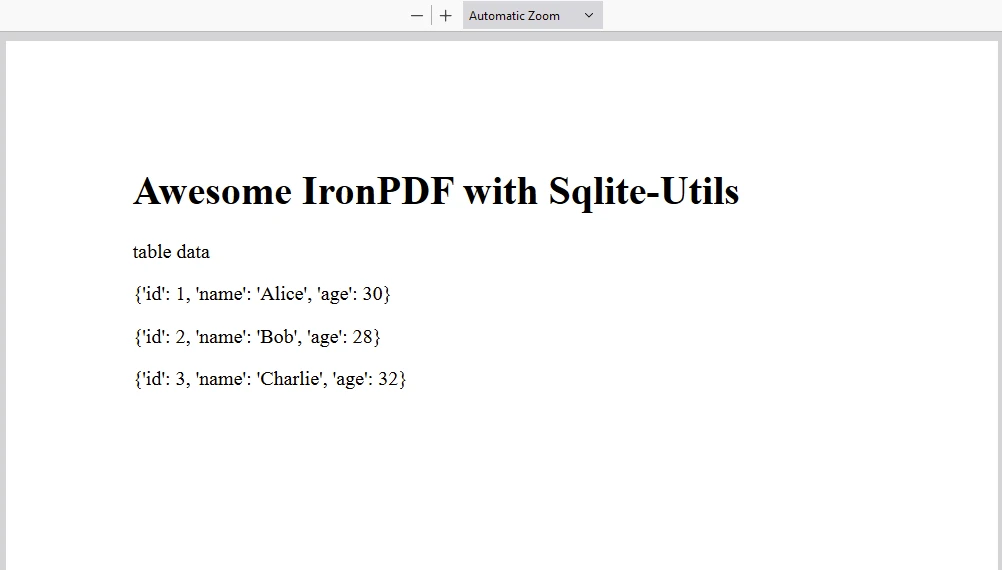 utilidades sqlite Python (Cómo funciona para desarrolladores): Figura 3 - Ejemplo de salida PDF utilizando IronPDF para generar un informe 