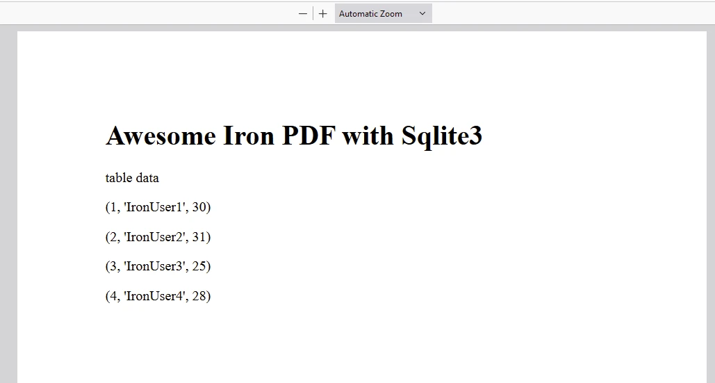 sqlite3 Python (How It Works For Developers): Figure 3 - Example PDF output generated from IronPDF with sqlite to query data