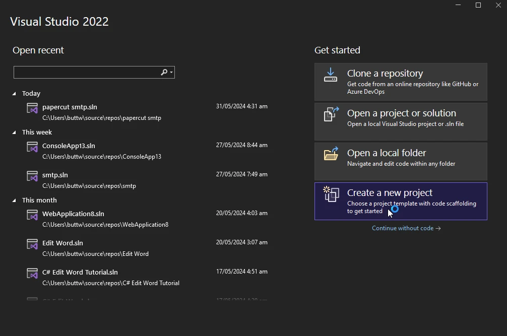 Stripe .NET (Cómo funciona para desarrolladores): Figura 1 - Abra Visual Studio y haga clic en la opción Crear un nuevo proyecto.