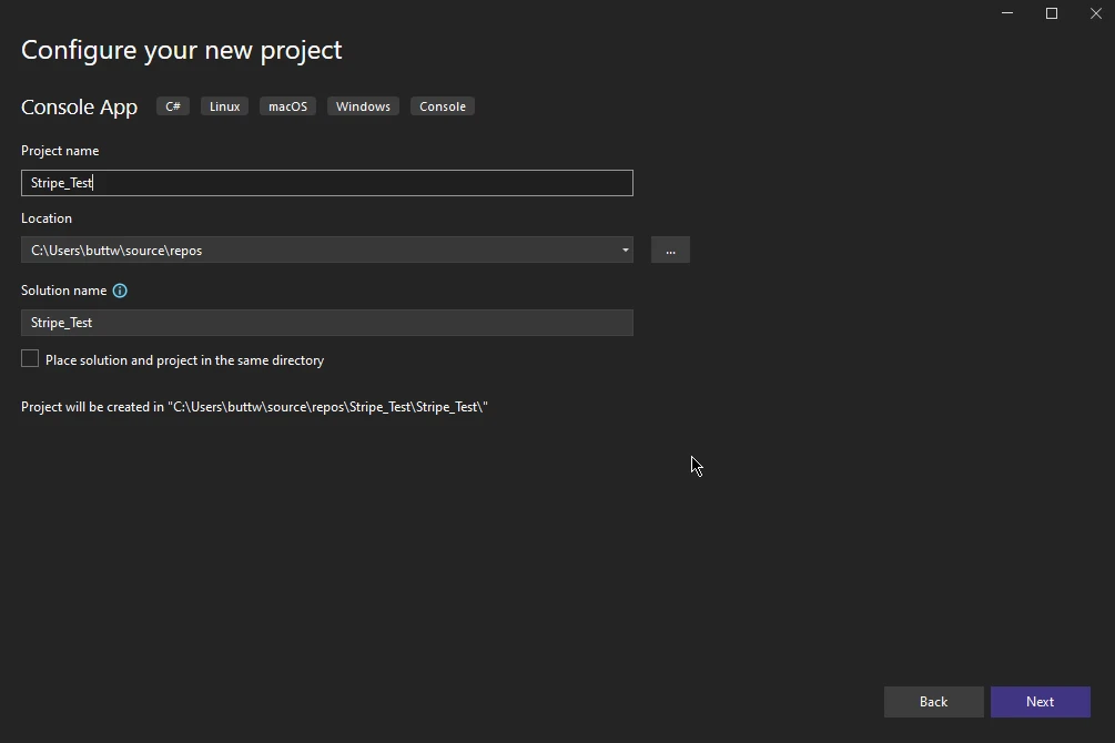 Stripe .NET (How It Works For Developers): Figure 3 - Configure your project by specifying the project name, location and solution name. Then click on Next.