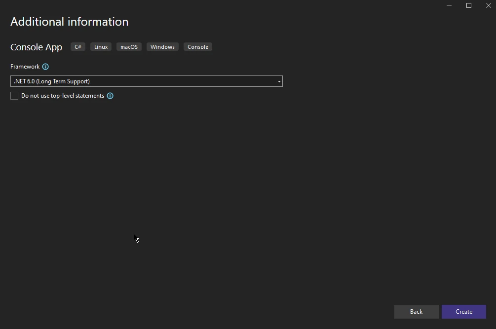 Stripe .NET (Cómo funciona para desarrolladores): Figura 4 - Seleccione el .NET Framework adecuado para su proyecto y haga clic en Crear.