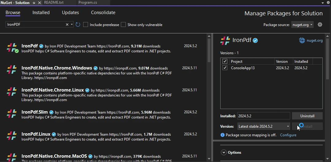 Stripe .NET (How It Works For Developers): Figure 9 - Install IronPDF using the Manage NuGet Package for Solution by searching IronPDF in the search bar of NuGet Package Manager, then select the project and click on the Install button.