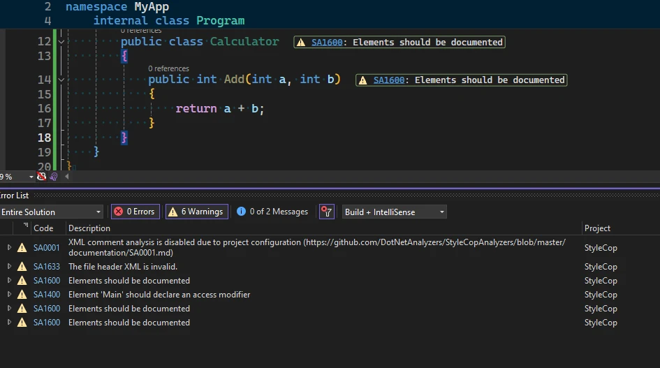 StyleCop C# (How It Works For Developers): Figure 4 - Documentation warnings