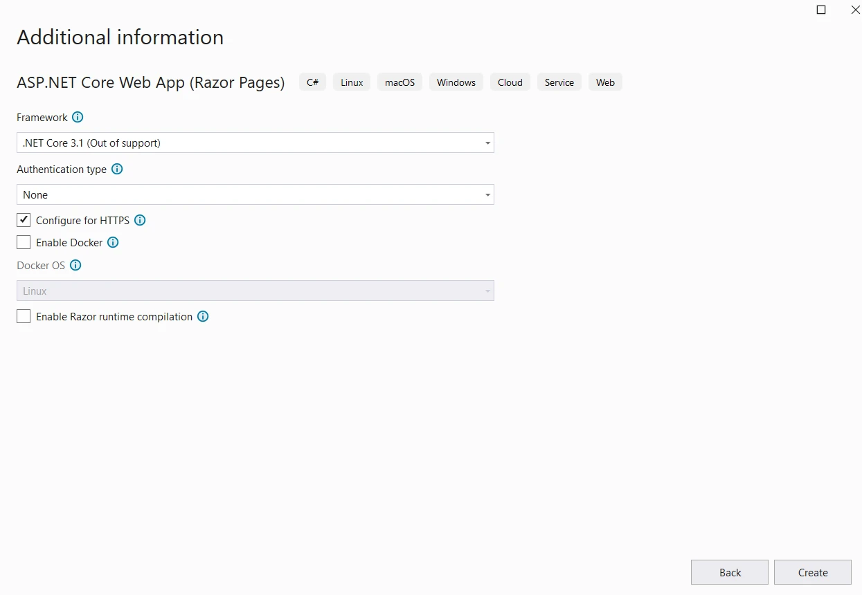 tye .NET (How It Works For Developers): Figure 4 - Select the .NET Core 3.1 framework, then click on Create.