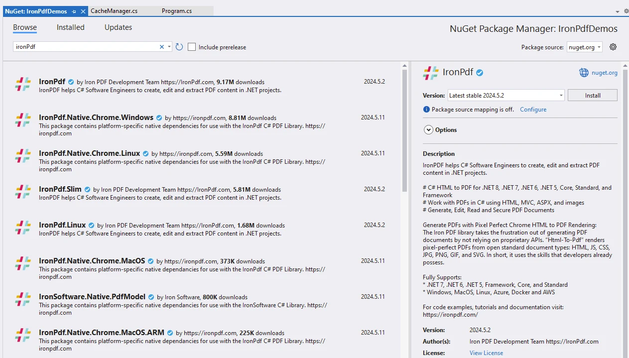 tye .NET（开发人员如何工作）：图 5 - 使用“解决方案的管理 NuGet 包”安装 IronPDF，在 NuGet 包管理器的搜索栏中搜索“IronPDF”，然后选择项目并点击安装按钮。