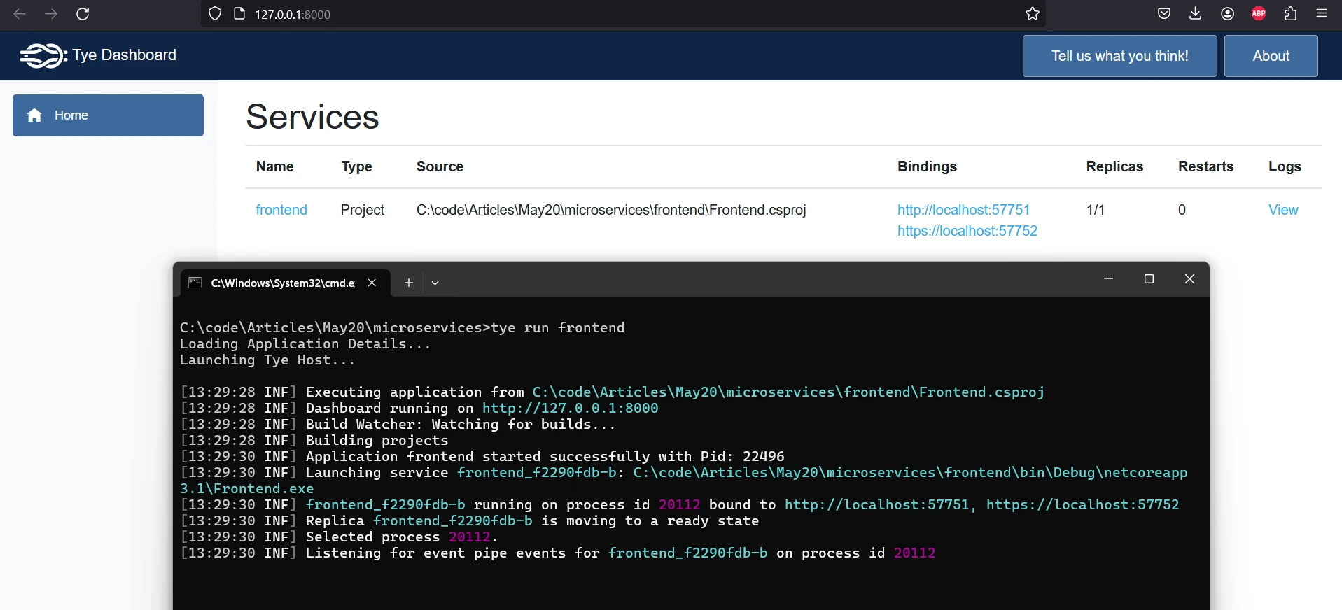 tye .NET (Cómo funciona para desarrolladores): Figura 6 - Aplicación Razor ejecutándose con Tye en localhost