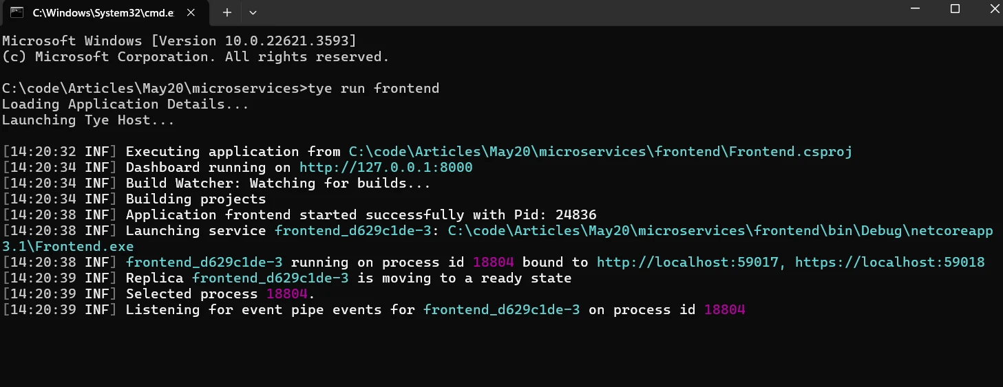 tye .NET (How It Works For Developers): Figure 7 - Run type using the command: tye run frontend