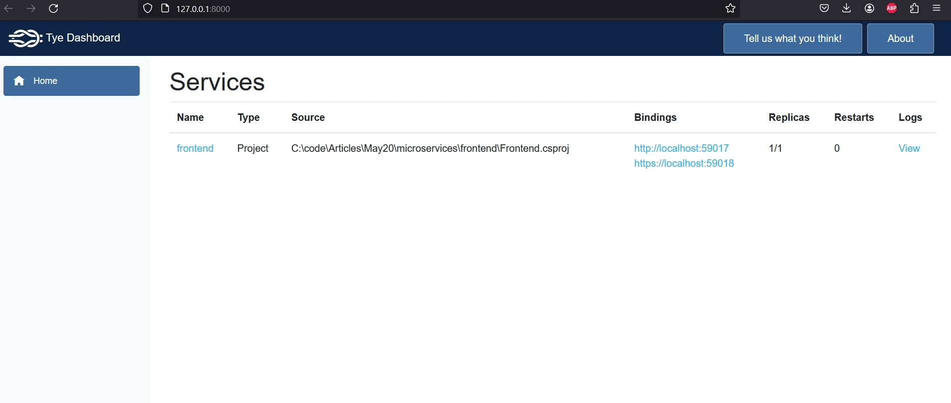 tye .NET (How It Works For Developers): Figure 8 - Tye Dashboard