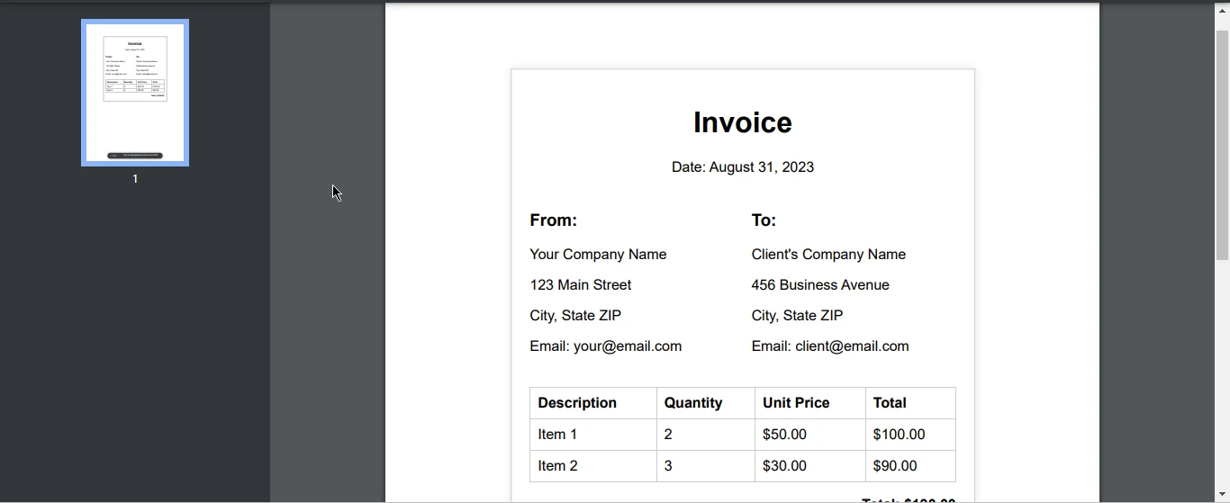 How to Convert HTML page to PDF using VB: Figure 10 - Invoice Output