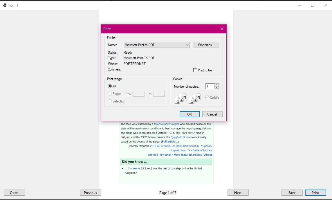 VB .NET Display PDF in PictureBox: Render PDF Pages as Images in Windows Forms: Image 5 - Example of print button working