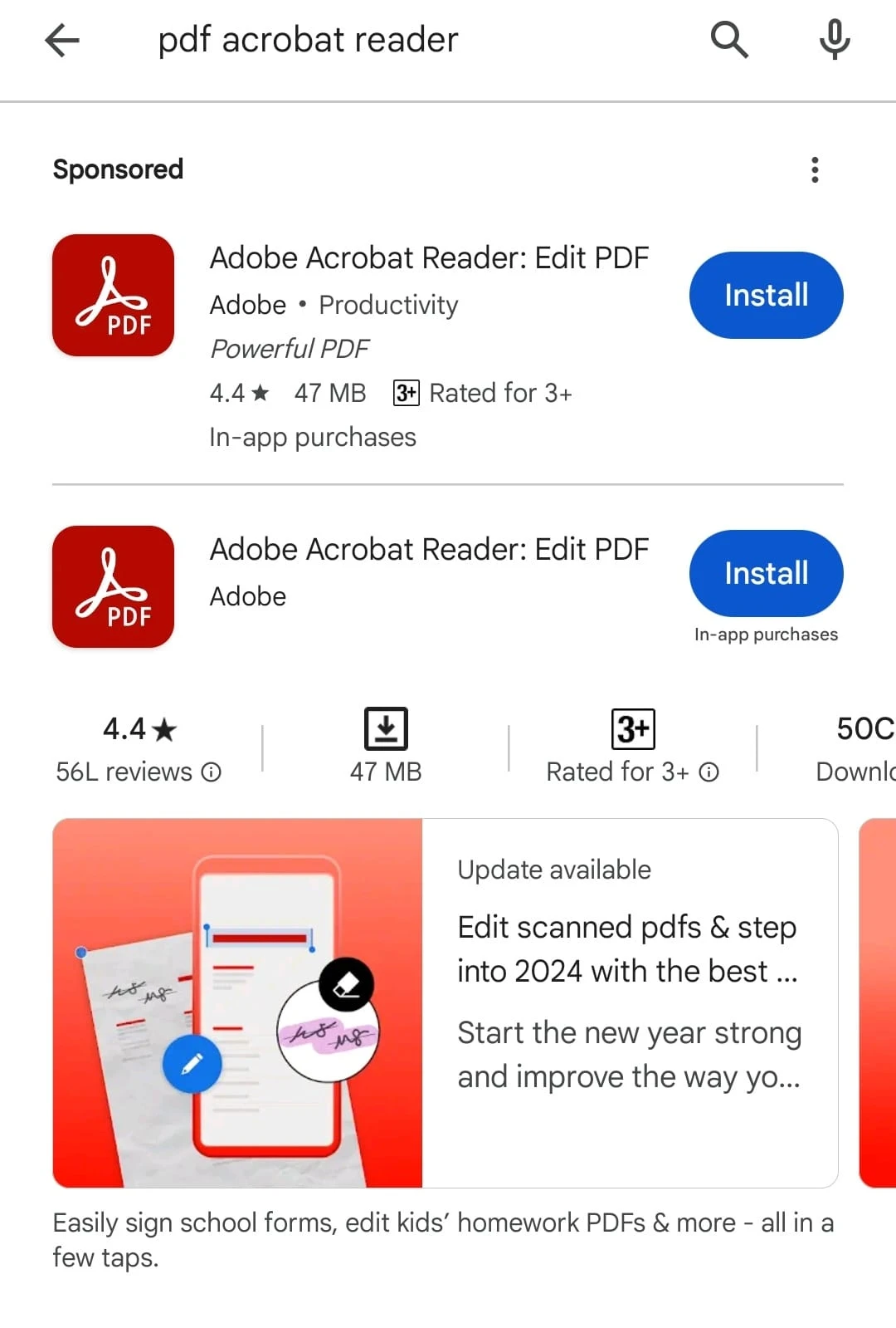 How to View PDF files in Android Phone: Figure 1 - Finding the Adobe PDF reader in the Play Store