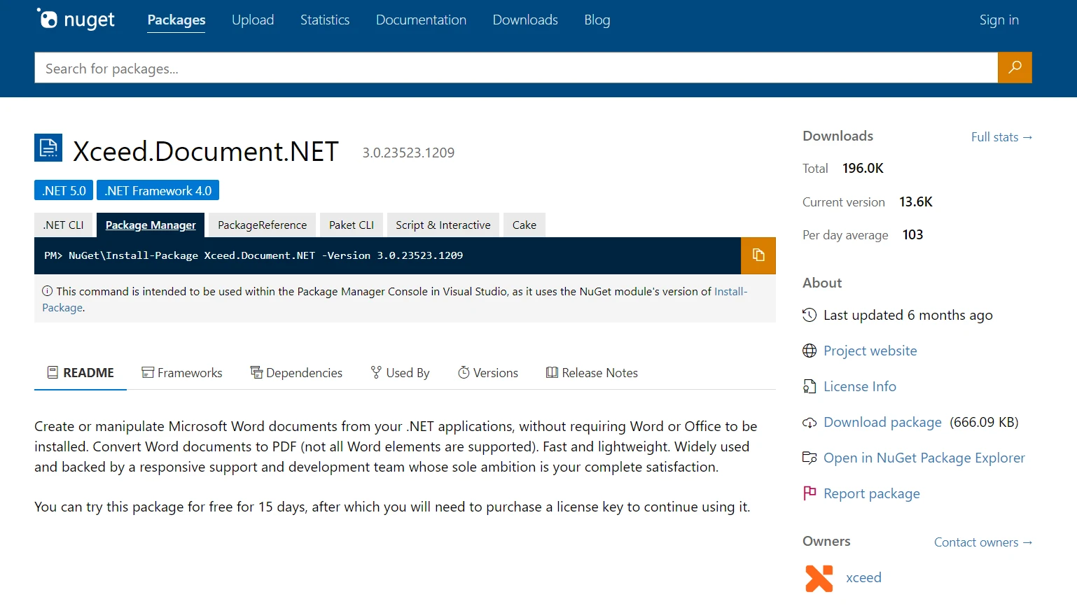 Xceed.Document .NET (Cómo funciona para desarrolladores): Figura 1 - Paquete NuGet de Xceed.Document.NET