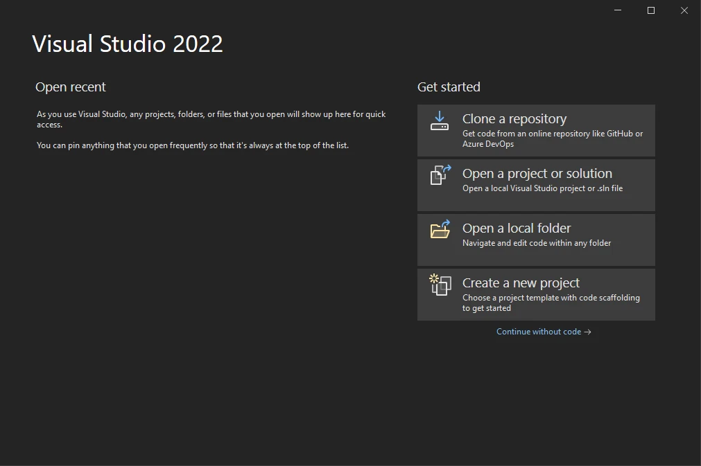 Xceed.Document .NET (How It Works For Developers): Figure 2 - Open Visual Studio and click on the "Create a new project" option.