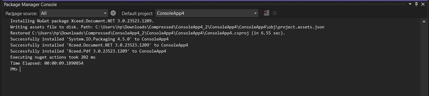 Xceed.Document .NET (Cómo funciona para desarrolladores): Figura 5 - Instalar la librería Xceed.Document.NET usando la Consola del Gestor de Paquetes NuGet y el comando: "Install-Package Xceed.Document.NET"