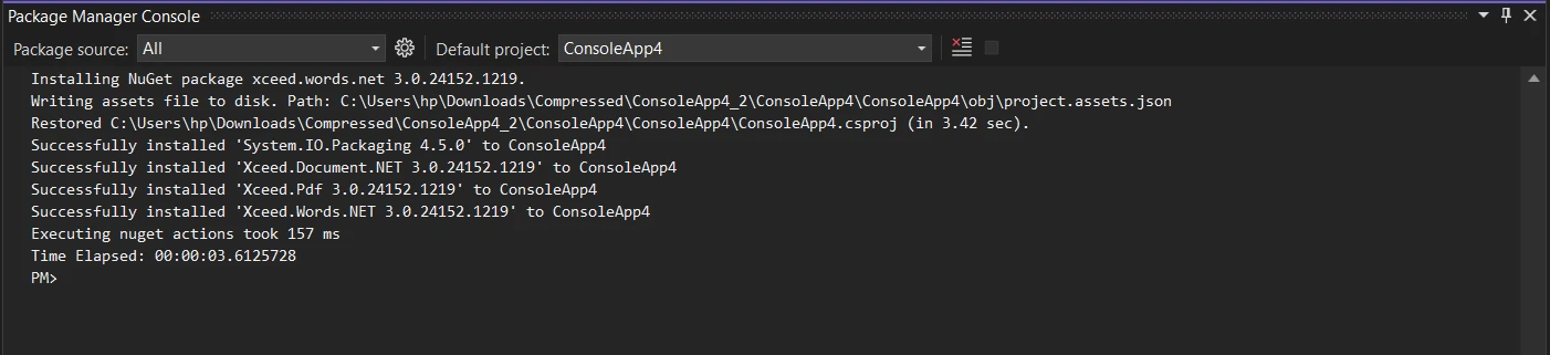 Xceed.Document .NET (Cómo funciona para desarrolladores): Figura 6 - Instalar la librería Xceed.Words.NET usando la Consola del Gestor de Paquetes NuGet y el comando: "Install-Package Xceed.Words.NET"