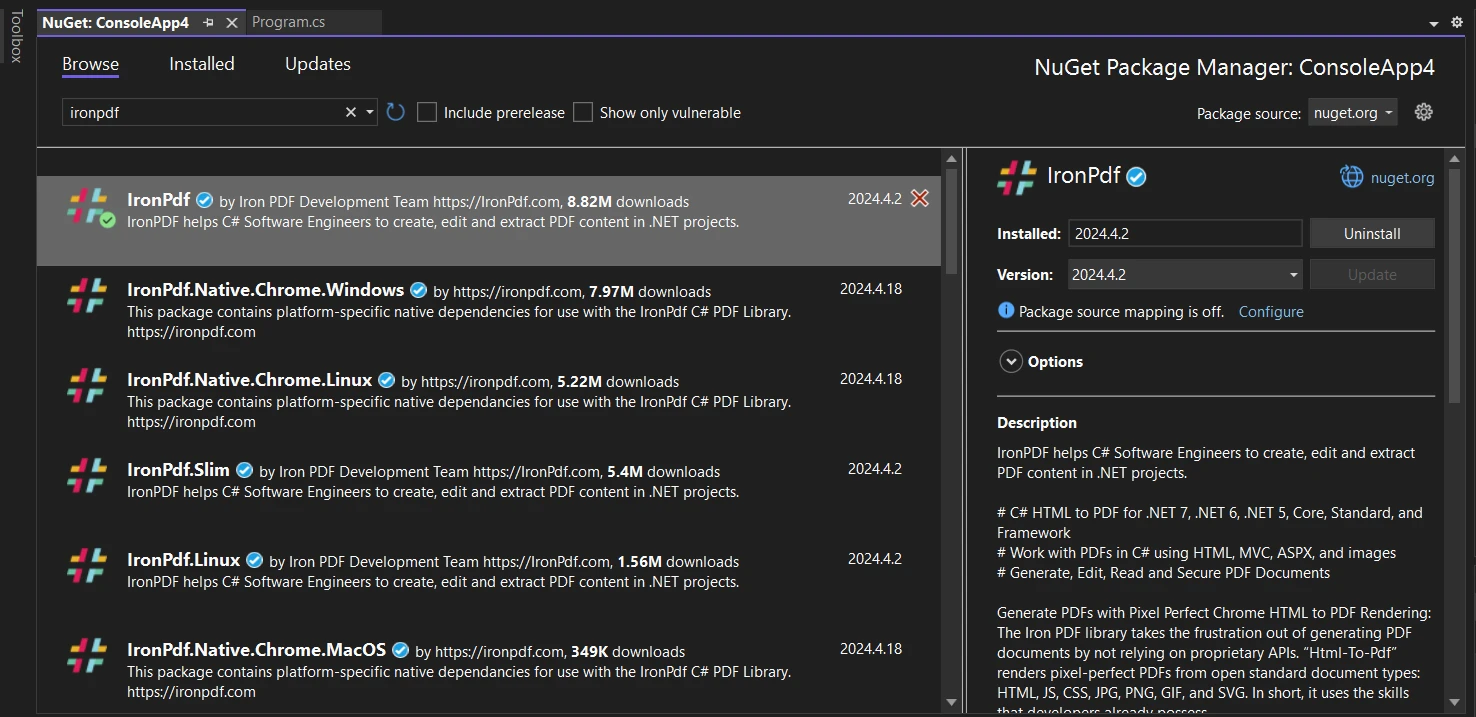 Xceed.Document .NET (開発者向けの動作方法)：図9 - NuGetパッケージマネージャーの検索バーで「IronPDF」と検索し、ソリューション用のNuGetパッケージを管理してIronPDFをインストールします。次に、プロジェクトを選択し、インストールボタンをクリックします。