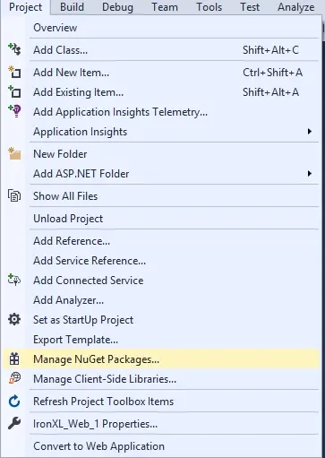 Accessing the NuGet Package Manager using the Project Menu in Visual Studio