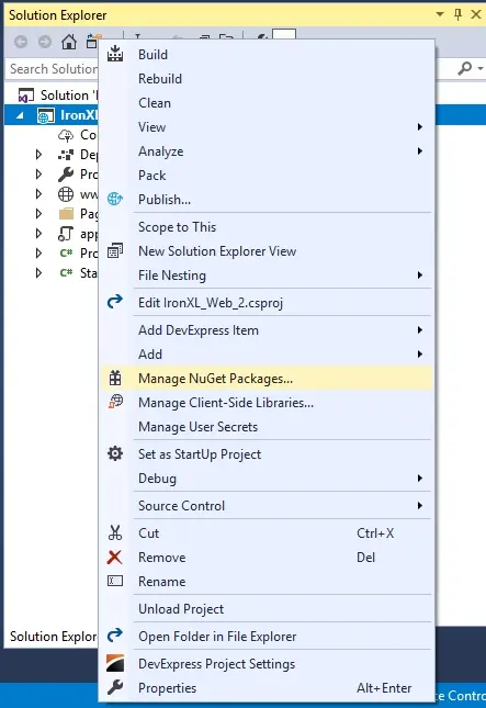 Accessing the NuGet Package Manager using the Context Menu in Visual Studio