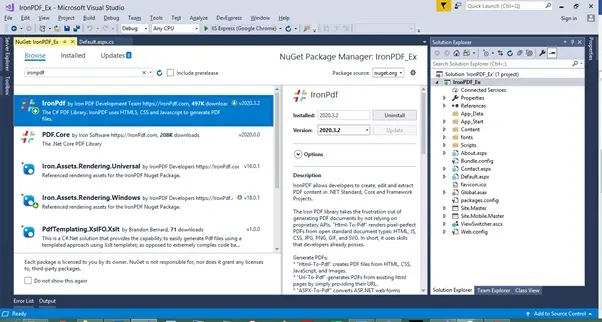 Installing the IronPDF library using the NuGET Package Manager in Visual Studio