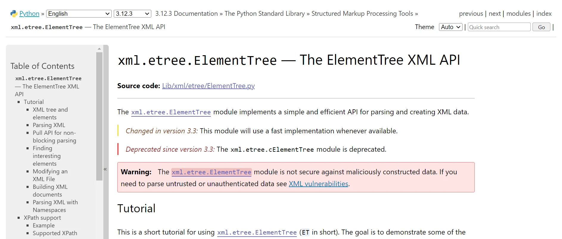 XML.etree Python (開発者向けの仕組み)：図1 - xml.etree - 一般的な要素構造ビルダーのウェブページ