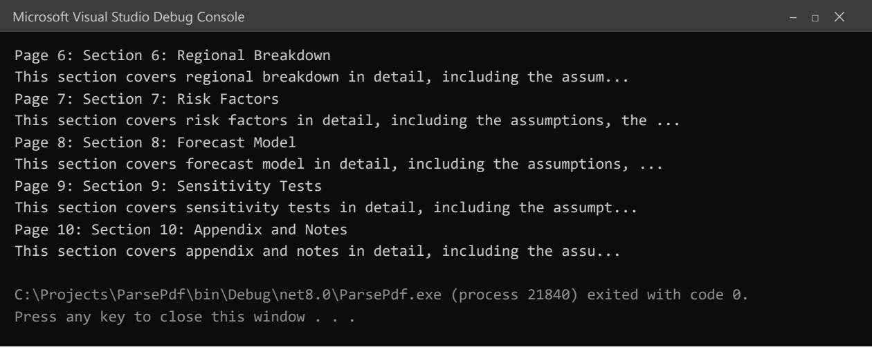 Visual Studio Debug Console showing the first 100 characters extracted from pages 6 through 10