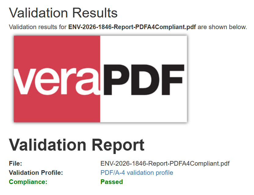 veraPDF Conformance Checker showing successful PDF/A-4 validation for environmental assessment report