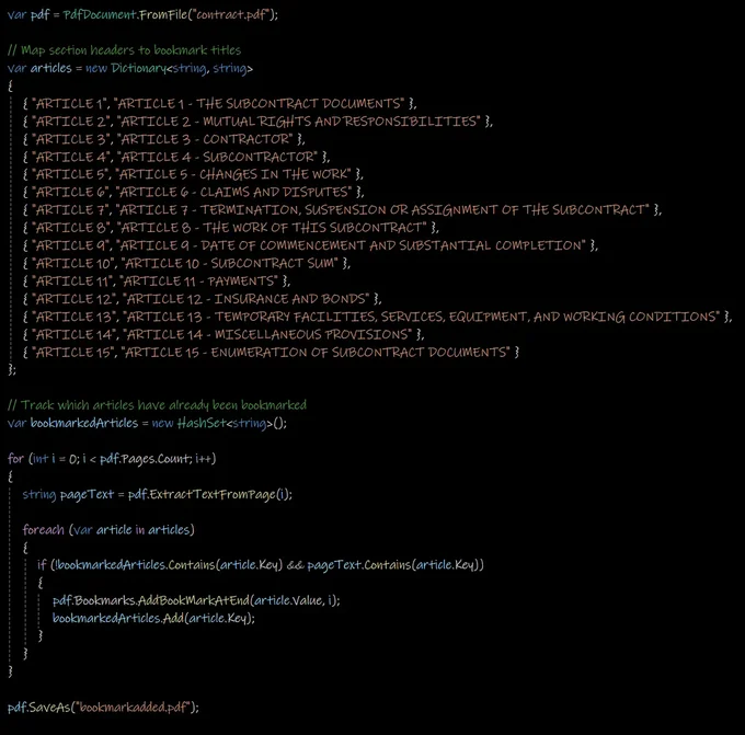 C# code adding PDF bookmarks per article header using ExtractTextFromPage and a HashSet