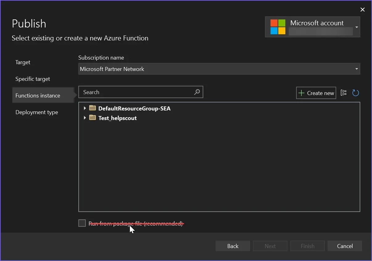 Visual Studio Publish dialog with the Run from package file (recommended) checkbox unchecked