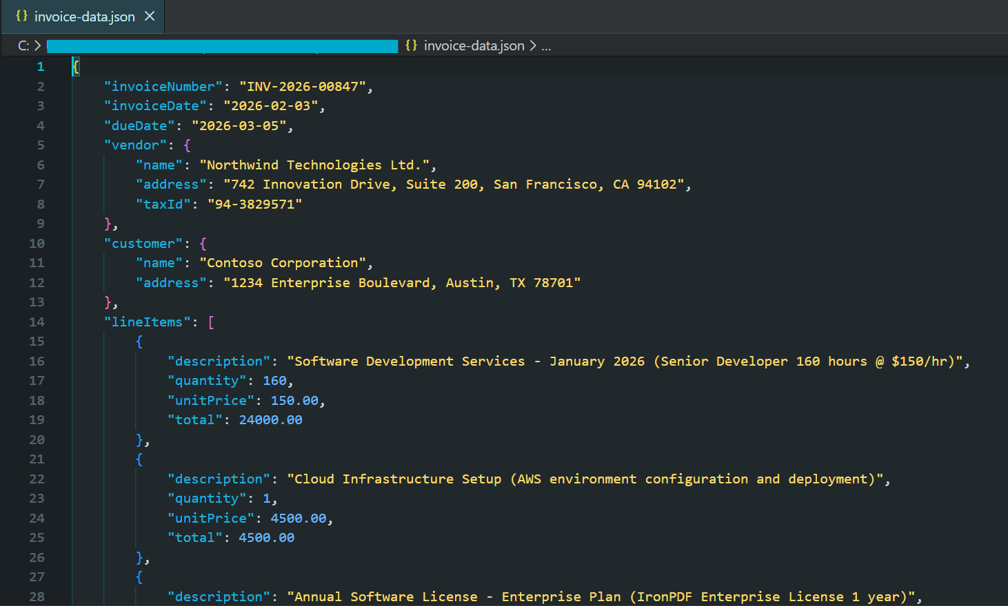 Extracted invoice data as structured JSON from PDF