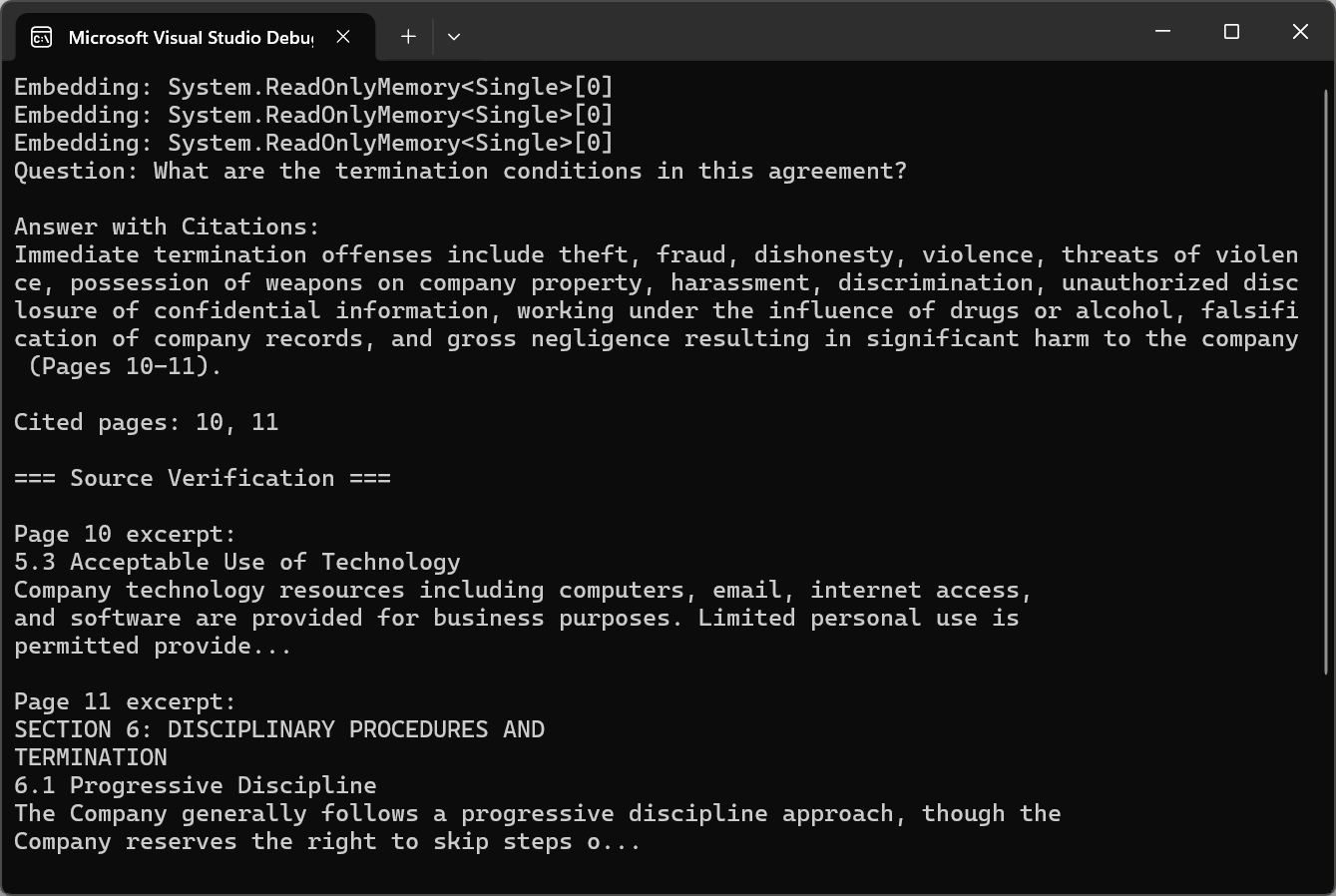 Console output showing AI answers with page citations from PDF