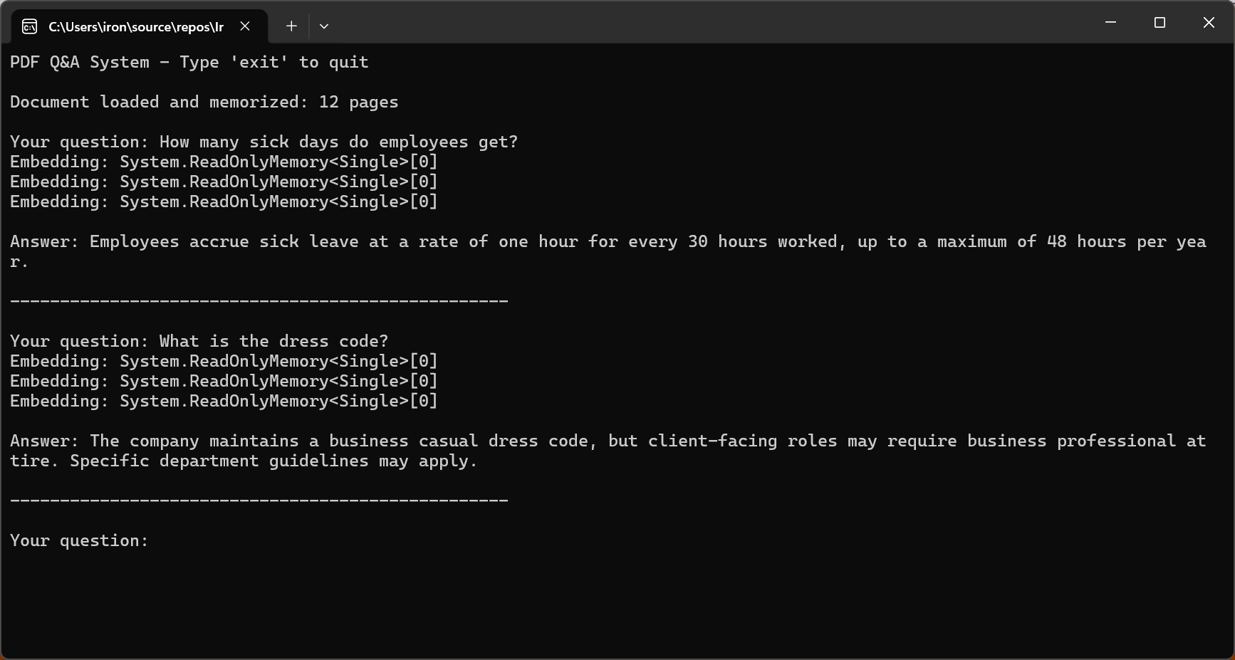 PDF question-answering system console output in C#