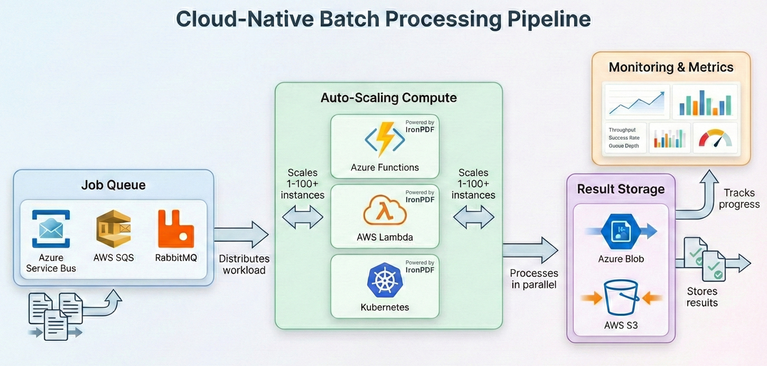 Architecture diagram showing a cloud-native batch processing pipeline with job queue, compute layer, object storage, and monitoring dashboard