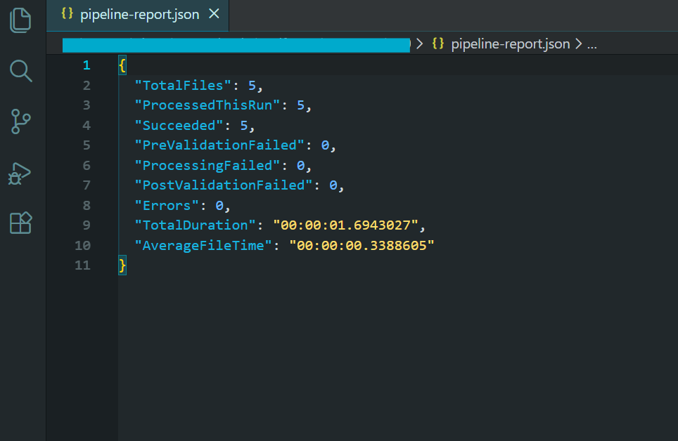 Pipeline report JSON showing batch processing results with succeeded count, failed count, and total duration