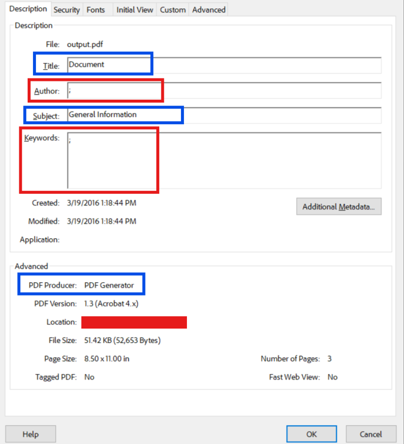 Image showing PDF Description Tab for a sample PDF after sanitization including removing metadata and adding neutral metadata