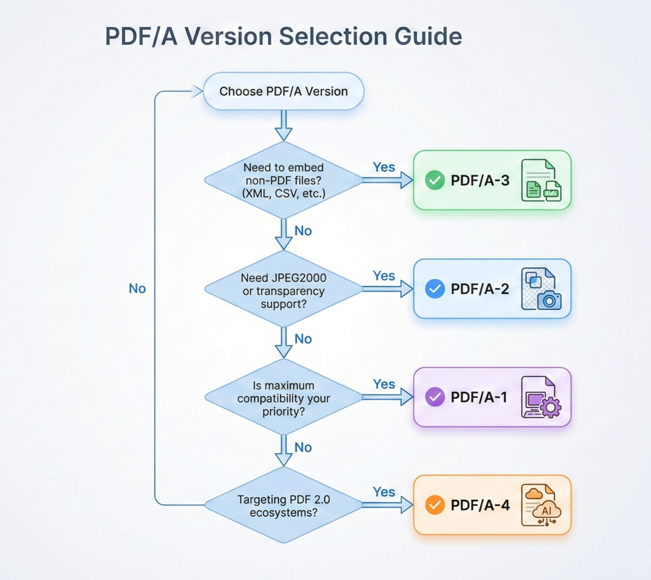 Decision flowchart showing the path to choosing a PDF/A version based on requirements like embedded files, JPEG2000, transparency, and compatibility